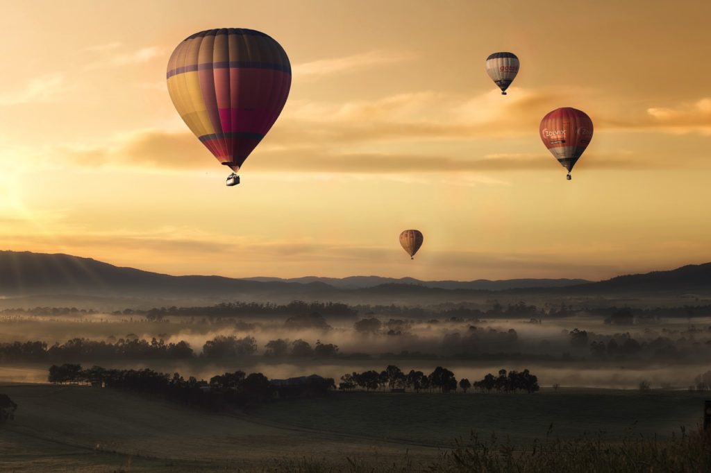 sky, hot air balloons, sunset